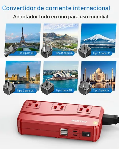 Vista 2 de BESTEK Adaptador de corriente internacional de 300 W, 220 V a 110 V, convertidor de voltaje de viaje reductor con 4 puertos USB (2 USB de 20 W)