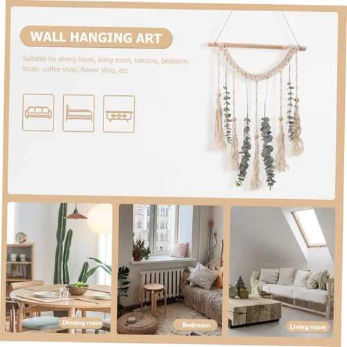 Vista 2 de DECHOUS Tapiz de algodón de macramé, 1 juego, tapiz de algodón, guirnalda verde, decoración de madera, beige, escultura de boda, macramé para colgar
