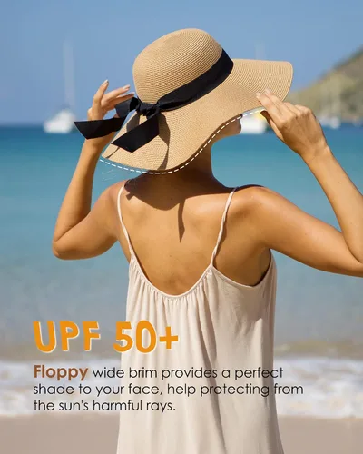 Vista 6 de Sombrero de paja para mujer, ala ancha, UPF 50, sombrero de verano, plegable, para playa