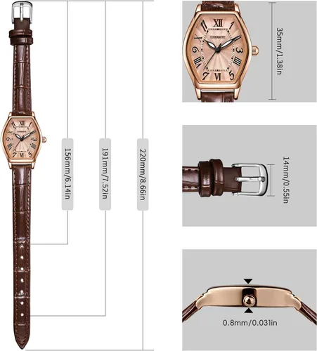 Vista 4 de Women's Leather Band Watch, Dainty Elegant Barrel-Shaped Women Watches Classic Vintage Retro Ladies Dress Wrist Watch, Gifts Present for Her