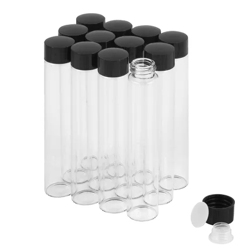 Vista 24 de 25 frascos pequeños de vidrio transparente de 1 fl oz con tapas de rosca