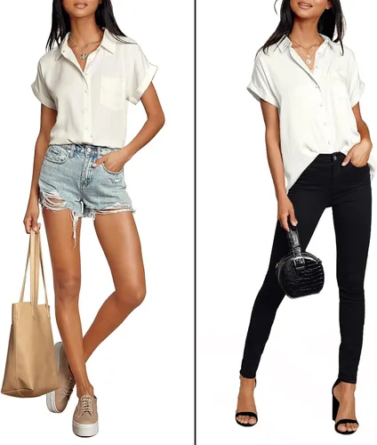 Vista 2 de Meetrendi Camisas con botones para mujer, blusa sólida de manga corta de murciélago con bolsillos