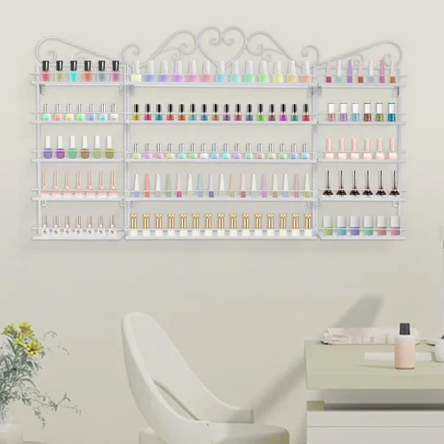 Vista 10 de Estante de almacenamiento de esmalte de uñas de metal para montar en pared, organizador de esmalte de uñas triangular de 5 niveles, soporte