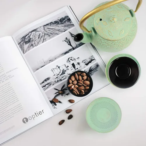 Vista 7 de Toptier Juego de tetera de hierro fundido y tetera de porcelana, 32 oz y 37 oz, apta para estufa, verde
