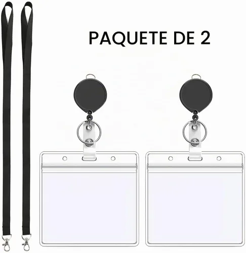 Vista 4 de 2 cordones negros con soporte horizontal para tarjetas de identificación de 4 x 3, carrete retráctil Cordón de cuello plano con gancho de metal