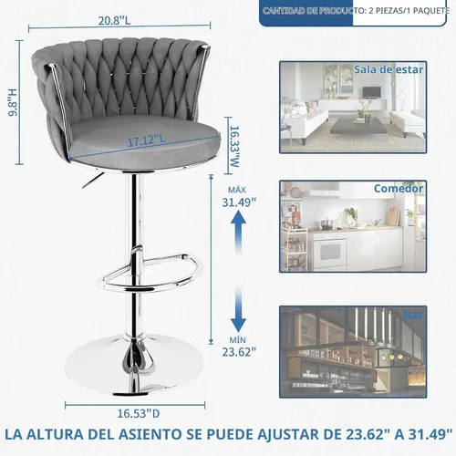 Vista 3 de Lamerge Juego de 2 taburetes de bar de terciopelo, sillas de bar giratorias modernas, taburetes de bar de cocina, taburetes de bar ajustables, Gris