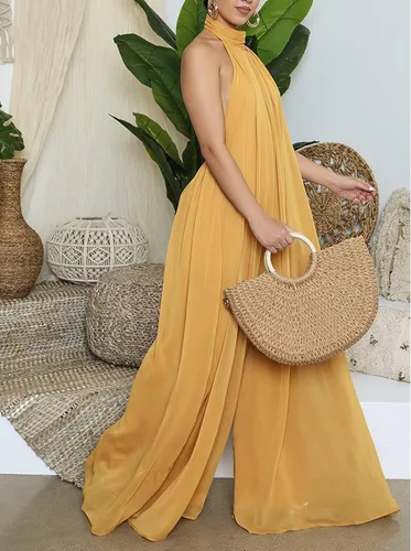 Vista 3 de Ekaliy - Enterizo sexi de verano para mujer, de chifón, con escote halter, sin mangas, pantalón largo de pierna ancha, enterizo de fiesta