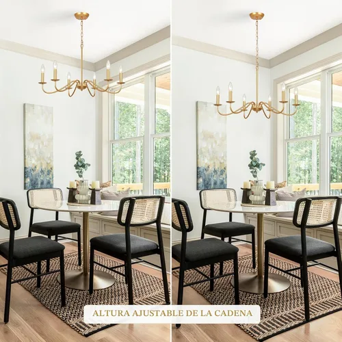 Vista 6 de Candelabro dorado de 6 luces, modernos candelabros de granja para comedor, iluminación colgante de vela rústica para dormitorio, vestíbulo, sala