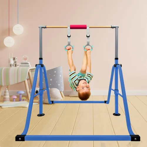 Vista 3 de GLANT Barra de gimnasia para niños con juego de anillos, 7 alturas ajustables, fácil de plegar, barra de entrenamiento de gimnasia para niños