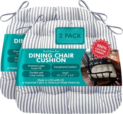 Vista 140 de Barnett Home Decor Ticking Stripe Berlin Blue - Almohadilla para silla de comedor con lazos, tamaño mediano 18, relleno de espuma de látex, lavable