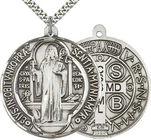 Vista 2 de Heartland - Medalla de San Benito para hombre de plata de ley tamaño grande