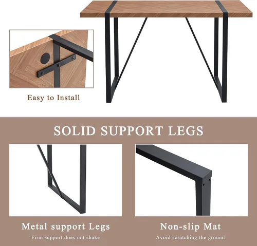 Vista 5 de Una mesa de comedor rectangular retro minimalista con una parte superior especialmente texturizada y patas de metal negro. Mesa de madera