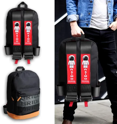 Vista 7 de W-POWER JDM Bride Racing Mochila de viaje para laptop con parte inferior marrón con correas de arnés ajustables (ASIMO-BK)