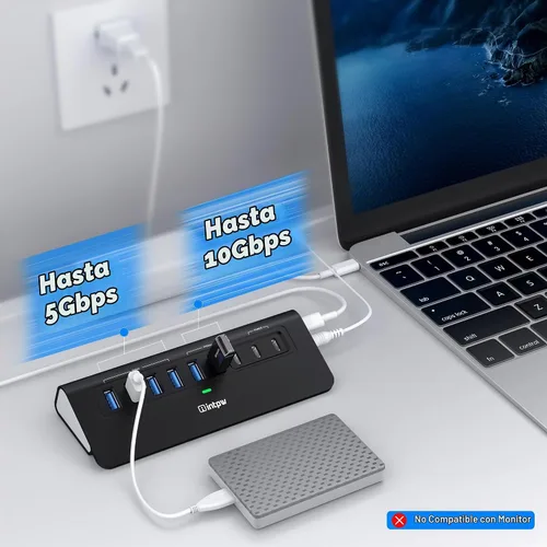 Vista 4 de Hub USB alimentado de 10 Gbps, intpw YH6AC Divisor USB de 9 puertos con USB A/USB C 3.2, 4 USB 3.0, 2 puertos de carga PD de 45 W, adaptador