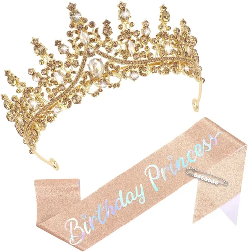 Vista 13 de CAVETEE Corona y banda de princesa de cumpleaños, corona de cumpleaños con banda de purpurina para decoraciones de fiesta de princesa, accesorios