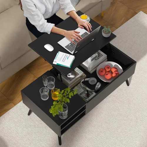 Vista 3 de Mesa de centro moderna con tapa elevadora con almacenamiento oculto para sala de estar, mesa de piso con elevador, mesa central de madera
