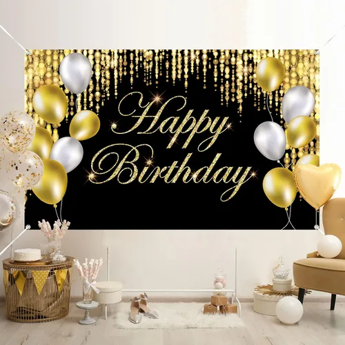 Vista 5 de Cartel de feliz cumpleaños negro y dorado con texto en inglés «It's My Birthday», telón de fondo para baby shower, fiesta interior y exterior