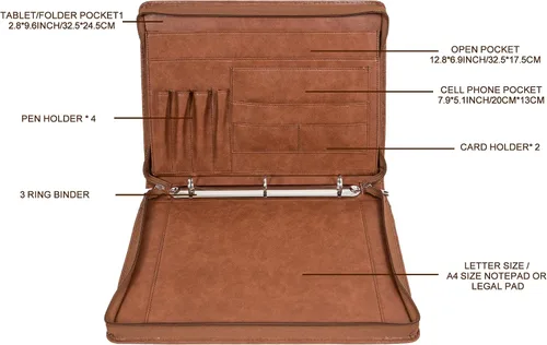 Vista 4 de AZXCG Padfolio - Carpeta de 3 anillos para mujer, carpeta de negocios de cuero vegano con cremallera, organizador de cuadernos de documentos