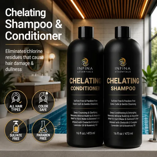Vista 3 de INFINA ESSENTIALS Champú y acondicionador clarificante quelante para eliminación de agua dura y cloro 16 onzas líquidas Champú desintoxicante