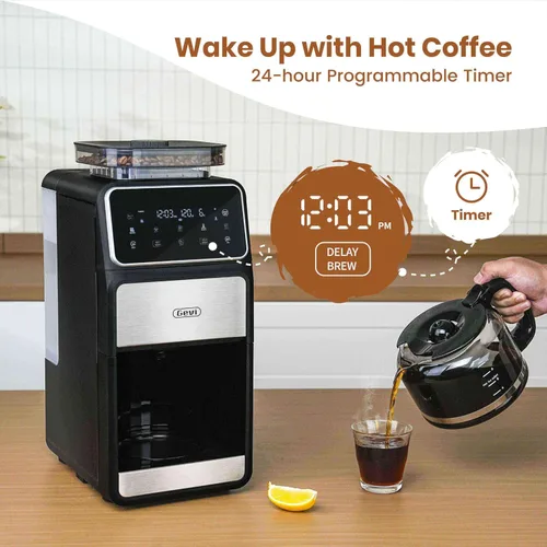 Vista 5 de Gevi Cafetera de goteo de 10 tazas con molinillo integrado, máquina de café combinada de moler y preparar rebabas con pantalla táctil, programable