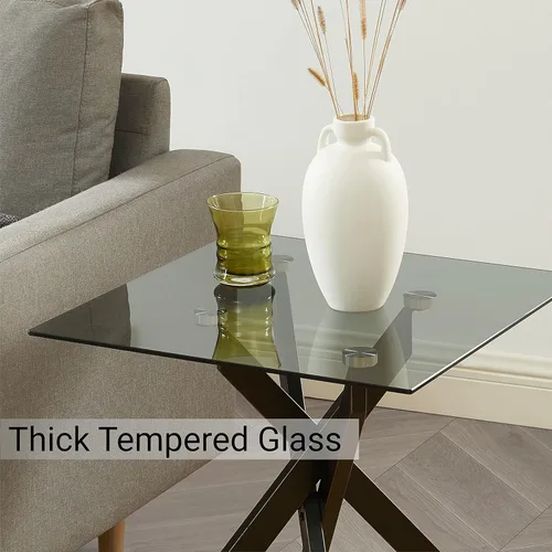 Vista 4 de Edwin's Choice - Mesa auxiliar cuadrada de cristal negro con tapa de cristal templado gris y patas tubulares de metal negro con borde dorado 50,8 cm