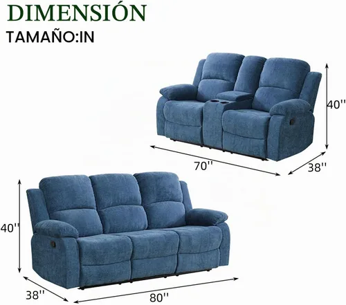 Vista 2 de Juego de sofá reclinable de 2 piezas, sofá reclinable de tela y sofá biplaza para sala de estar, sofá reclinable azul para sala de estar, oficina