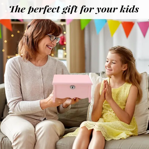 Vista 9 de Joyero musical de bailarina de pies grandes con espejo y cerradura para niñas, caja de almacenamiento de joyas rosa para niños, organizador de joyas