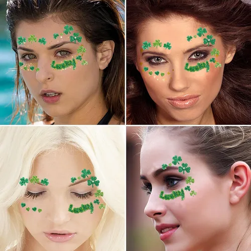 Vista 6 de Ecuupas Día de San Patricio, gemas faciales para festivales de tréboles, trébol con purpurina verde, diseño de diamantes de imitación de ojos