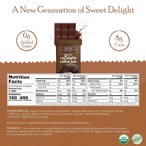 Vista 2 de Missy J's Organic Carob Dark Delights - Barra de caramelo de café sin azúcar, 3 onzas, paquete de 12 unidades, vegano, sin gluten y cafeína