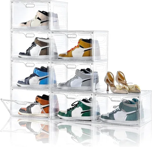 Vista 10 de Amllas Paquete de 8 cajas de zapatos de plástico negro apilables, organizador de almacenamiento de zapatos grande, contenedores de zapatos