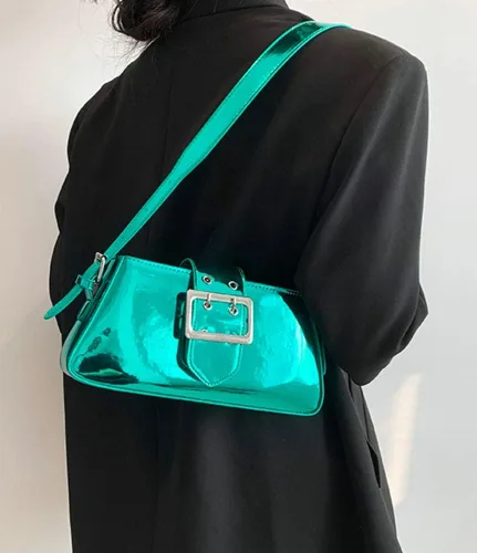 Vista 3 de Bolso Hobo para mujer, bolso cruzado de piel sintética brillante, bolso de mano de pintura, bolso pequeño Y2K, bolso con asa superior 2023