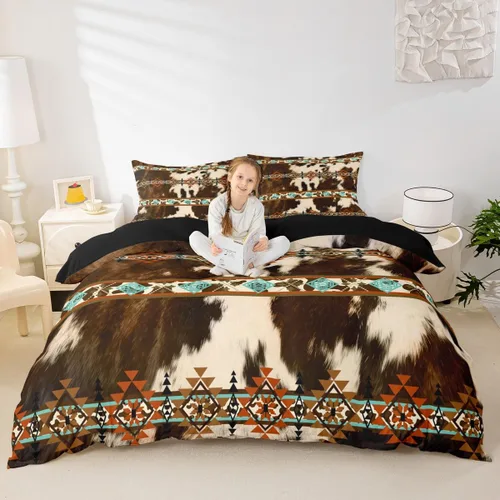 Vista 2 de Erosebridal Funda de edredón de piel de vaca marrón con estampado de vaca de las tierras altas, juego de ropa de cama occidental exótico azteca