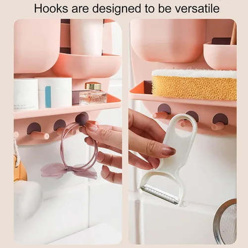 Vista 7 de Estante de montaje en pared, organizador de accesorios de mesita de noche con ganchos, almacenamiento adhesivo para teléfono, control remoto, Rosa