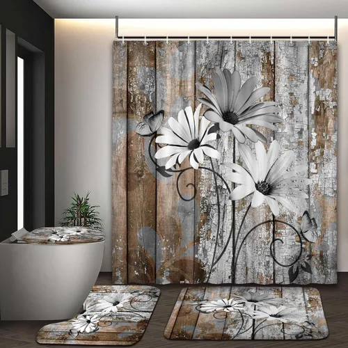 Vista 54 de JAWO Alfombra de baño con flores de granja, dalia en tablones de madera rústica, juego de tapetes de baño con flores azules, en forma de U