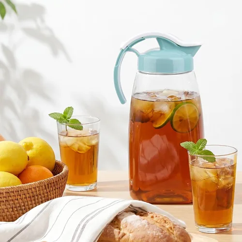 Vista 8 de Frcctre Paquete de 2 jarras de agua de plástico con tapa, jarra hermética transparente de 74 onzas para jugo, café, té helado, limonada, resistente