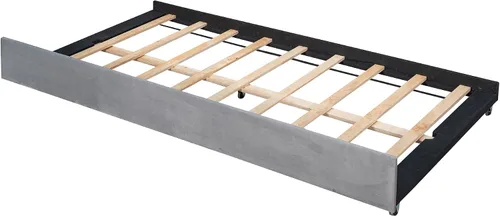 Vista 7 de Sofá cama nido con cama nido, tamaño individual, tapizada, de tela, marco de tablillas, soporte para dormitorio, sala de estar, no necesita caja