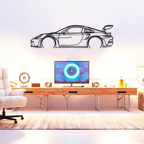 Vista 4 de DecoSoul Arte de Pared de Metal con Silueta de Coche 911, Coche Deportivo, Decoración de Línea de Silueta Automotriz, Cueva de Hombre, Regalo