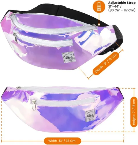 Vista 3 de Riñonera Vibe Festival Gear para hombre y mujer, muchos estampados, negro holográfico, plateado, dorado, bonita riñonera para festival rave