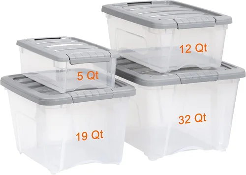 Vista 5 de Amazon Basics Contenedores de almacenamiento de plástico con tapas de cierre seguro, cubos organizadores apilables, transparente/gris, 5 cuartos