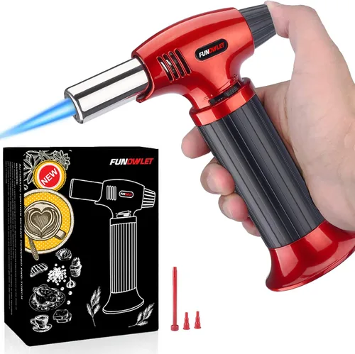 Vista 3 de FunOwlet - Encendedor de butano, 2 unidades, recargables, sopletes de cocina culinarios con bloqueo de seguridad y llama ajustable para postres