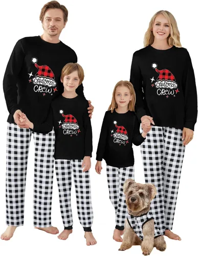 Vista 43 de Awoscut - Conjunto de pijamas navideños a juego, con estampado en la parte superior y pantalones a cuadros #B-7