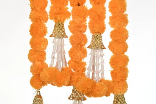 Vista 6 de 5 guirnaldas de caléndula de 5 pies de largo para decoración de hebras largas, flores artificiales de caléndula Decoración india para Pooja Boda