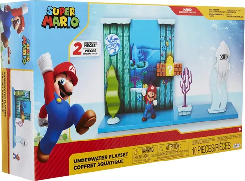 Vista 8 de Super Mario Juego submarino con pieza ambiental interactiva, figura articulada de Mario de 2.5 pulgadas y figura de calamar Blooper. Colecciona