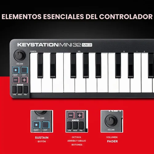 Vista 4 de M-AUDIO Keystation Mini 32 MK3 controlador de teclado MIDI USB con 32 teclas mini sensibles a la velocidad y software de grabación incluido