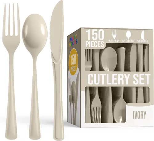 Vista 24 de Party Solids Cubiertos de plástico negro resistente, 150 piezas, cubiertos desechables negros, juegos de utensilios, 50 de cada tenedor, cuchillos