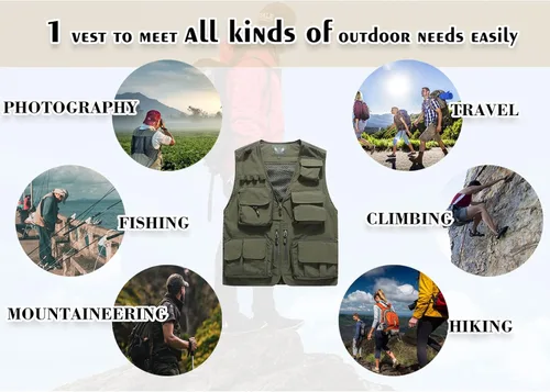 Vista 5 de Flygo Chaleco de carga para hombre, casual, para exteriores, trabajo, safari, pesca, viajes, fotos, chaleco con múltiples bolsillos