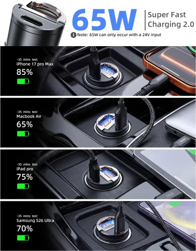 Vista 6 de AKESR Cargador de coche USB C de 65 W de carga rápida, accesorios de salida USB de 12 V para Carro, adaptador compacto para encendedor