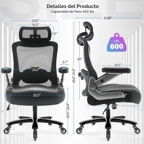 Vista 3 de Silla de oficina grande y alta de 600 libras, silla de escritorio ejecutiva