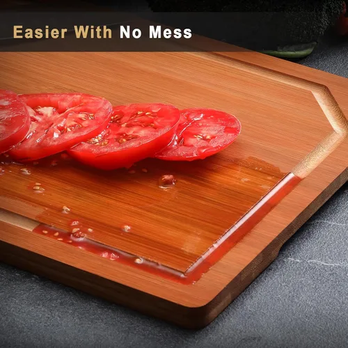 Vista 8 de HIWARE Juego de 4 Piezas de Tablas de Cortar Extra Grandes de Madera - Tablas de Cortar de Bambú para Preparación de Comidas y Servicio