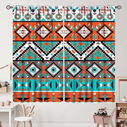 Vista 165 de Cortinas con patrón geométrico tribal, estilo suroeste, azteca, rústico, occidental, nativo americano, opacas, con bolsillo para barra, decoración